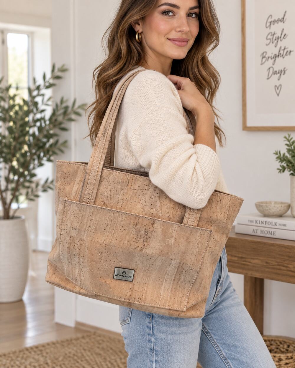 Montarree Cork Tote Bag Tan Natural Shoulder Purse Boho Vegan Style